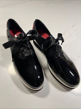 Women's Black Patent Ribbon Lace Flats